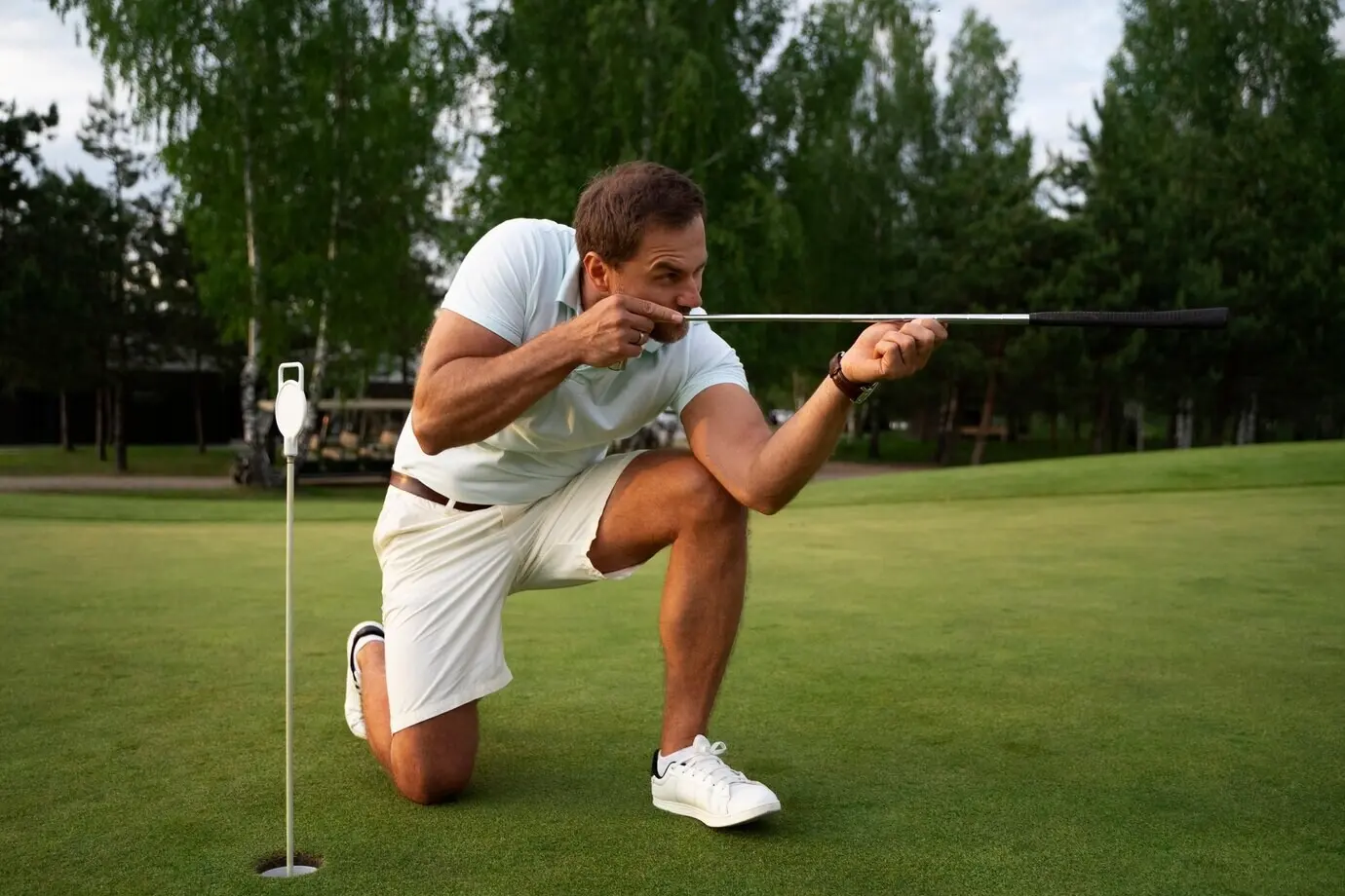 A scene depicting a man on a golf course.